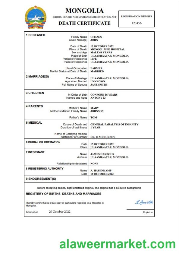 Mongolia vital record death certificate Word and PDF template